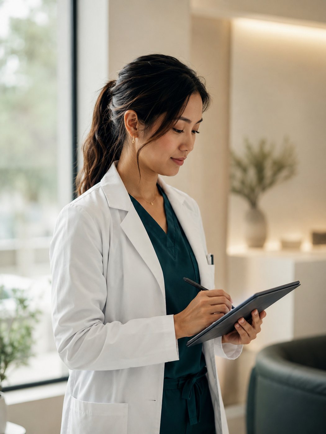 Clinician reviewing a prior-authorization case in a modern clinic